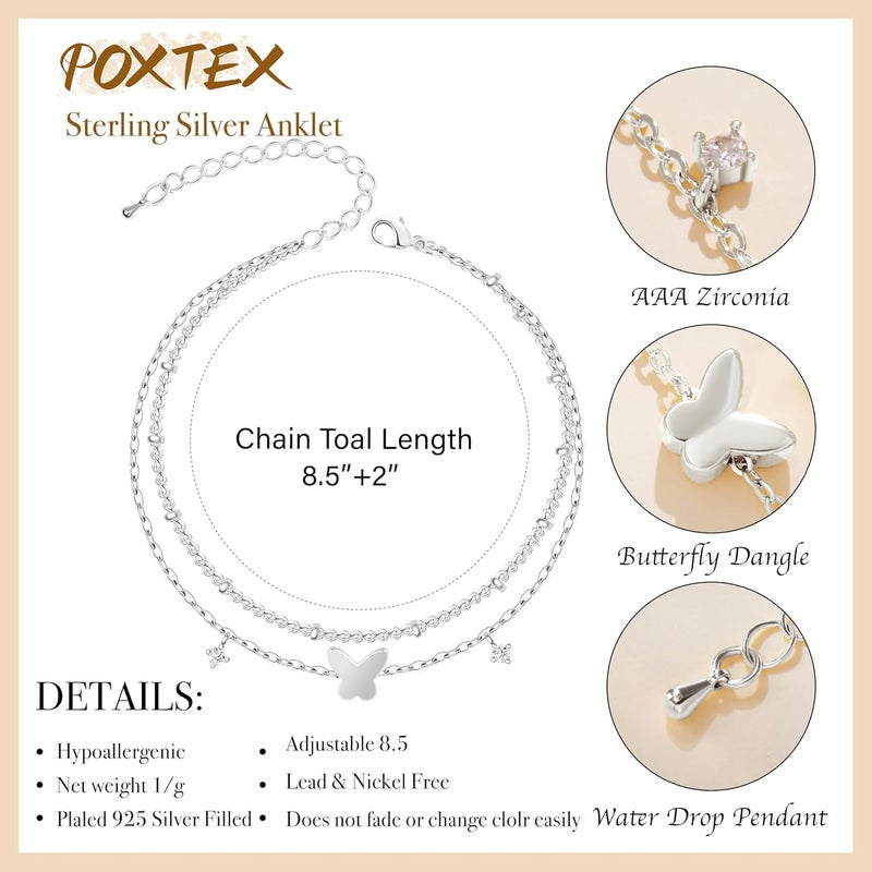 Poxtex Sterling Silver Anklet Bracelets for Women Waterproof, 925 Sliver Plated CZ & Heart Charm Dainty Layer Anklets for Women Trendy, Simple Chain Anklets Set Gifts for Women, Mother Day Jewelry Gifts for Her Women Mom Wife Girlfriend - Image 4